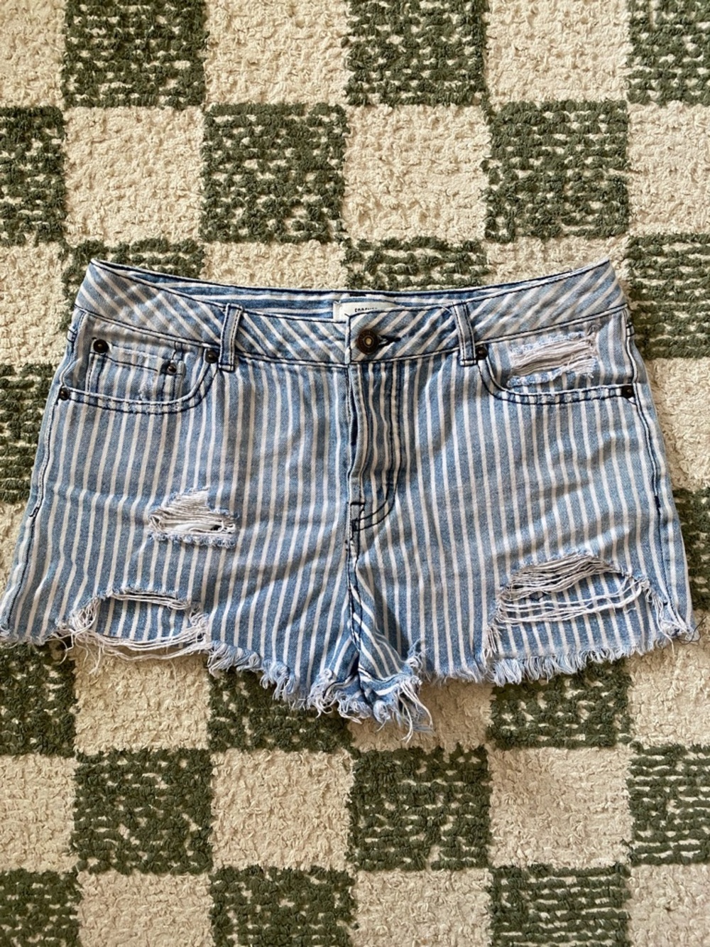 Forever 21 Light Blue & White Striped Distressed Denim Shorts